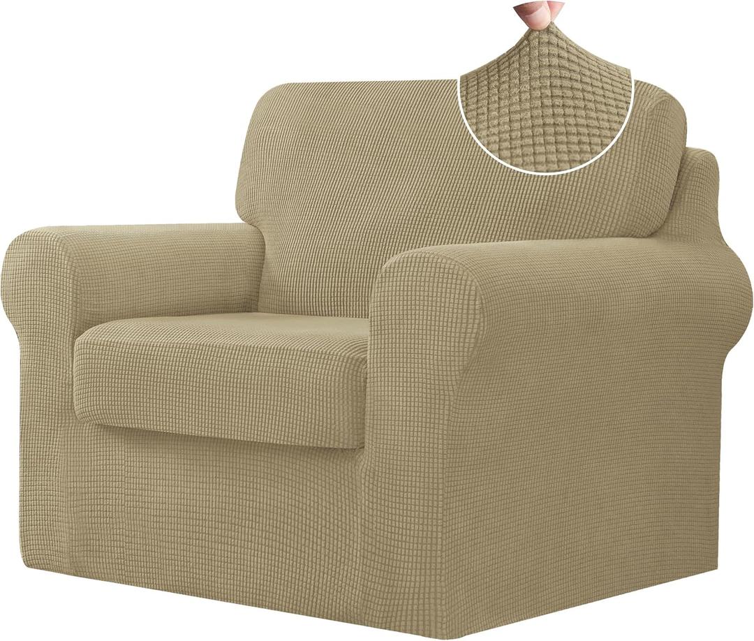 CHUN YI 3 Piece Chair Covers Armchair, Stretch Couch Cover with Separate Backrest and Cushion Covers, Anti-Slip Washable Living Room Furniture Protector for Dogs Pets (Small, Khaki)