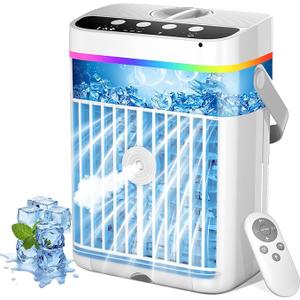 Portable Air Cooler, 1250ml Small Evaporative Air Cooler, USB 4 in 1 Mini Mobile Air Conditioner with 1/2/3 H Timer, 3 Speeds & 3 Mist Levels, 7 Colors Portable Air Conditioners for Home Room Office [Energy Class G]