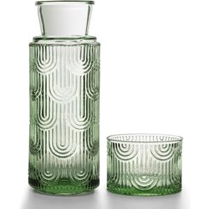 Bedside Water Carafe and Glass Set, Mouthwash Dispenser for Bathroom, 21.6 Oz Glass Water Bottles with 6 Oz Drinking Cup as Lid, Water Pitcher for Nightstand, Kitchen (Green)