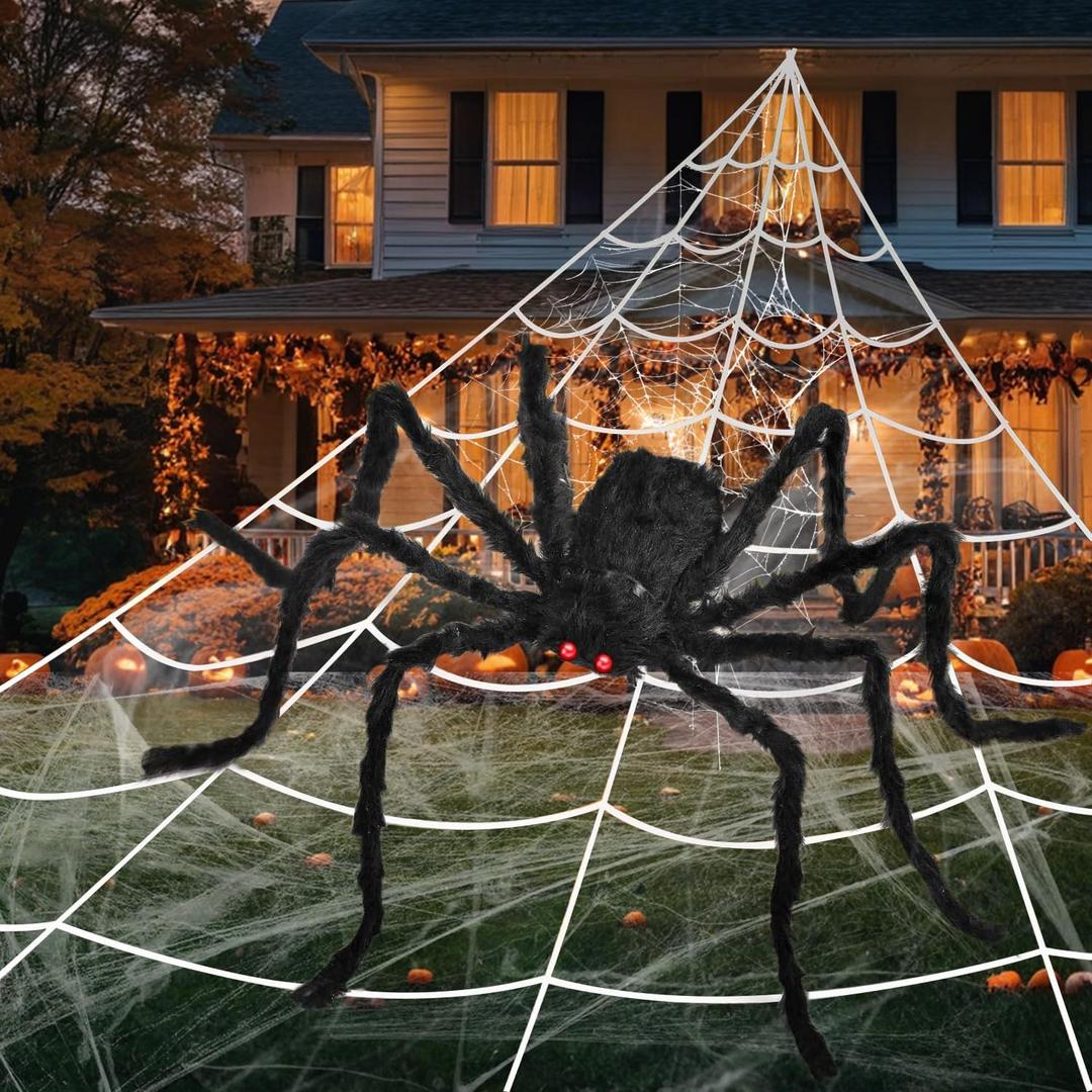 Halloween Decorations Set, 276'' Triangular Huge Spider Web + 59'' Giant Fake Spider and 20Pcs Mini Fake Spiders 40g Fine Cobweb Props for Indoor Outdoor Yard Scary Haunted House Halloween Party Dcor