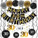 Famoby Black & Gold Glittery Happy 30th Birthday Banner,Poms,Sparkling 30 Hanging Swirls Kit for 30th Birthday Party 30th Anniversary Decorations Supplies