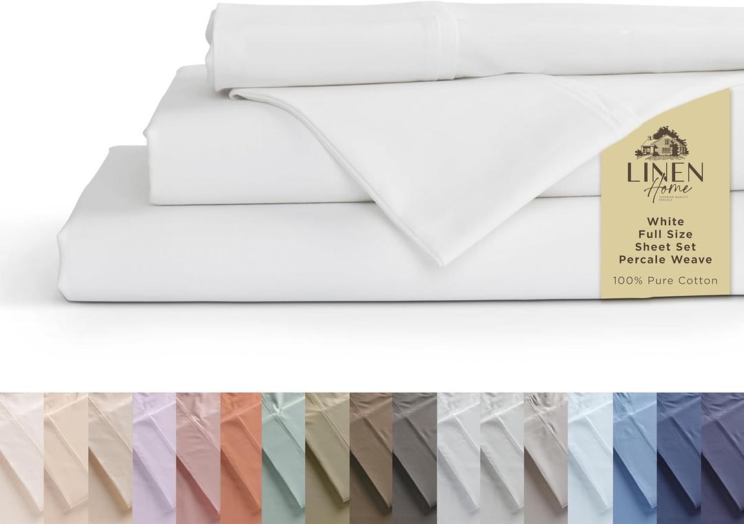 Linen Home 100% Cotton Percale Sheets Full Size, White, Deep Pocket, 4 Pieces Set - 1 Flat, 1 Deep Pocket Fitted Sheet and 2 Pillowcases, Crisp Cool and Strong Bed Linen