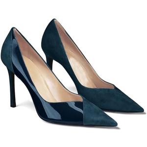 Coutgo Womens Pointed Toe High Heels Pumps Patent Suede Stiletto Heel Slip on Office Party Wedding Dress Shoes, 8, Navy