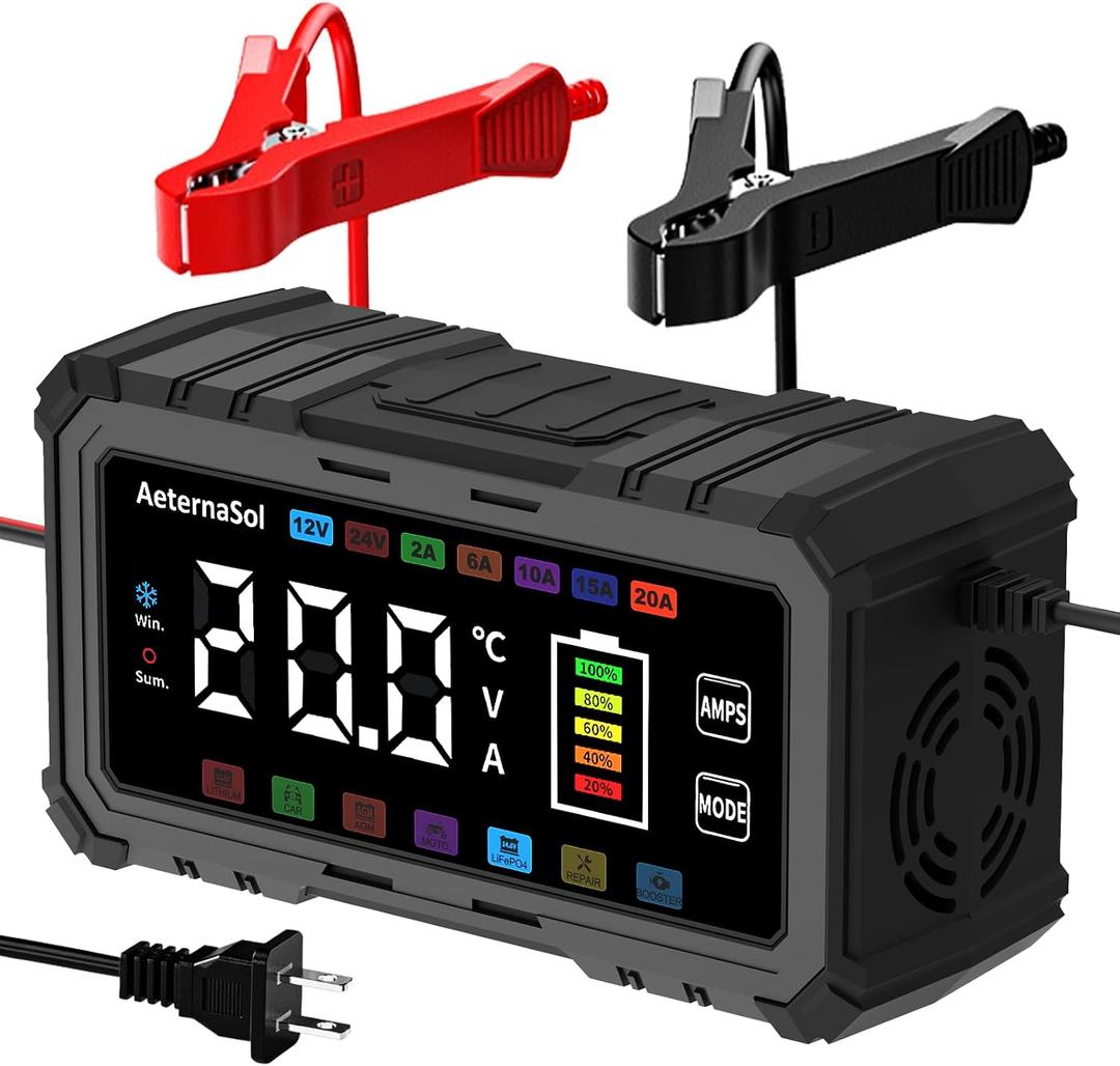 20A Smart Car Battery Charger 12V/24V Battery Charger, Automatic Battery Maintainer Desulfator Compatible with LiFePO4, AGM, Gel, Lead-Acid, Trickle Charger for Truck, Motorcycle, RV, Boat