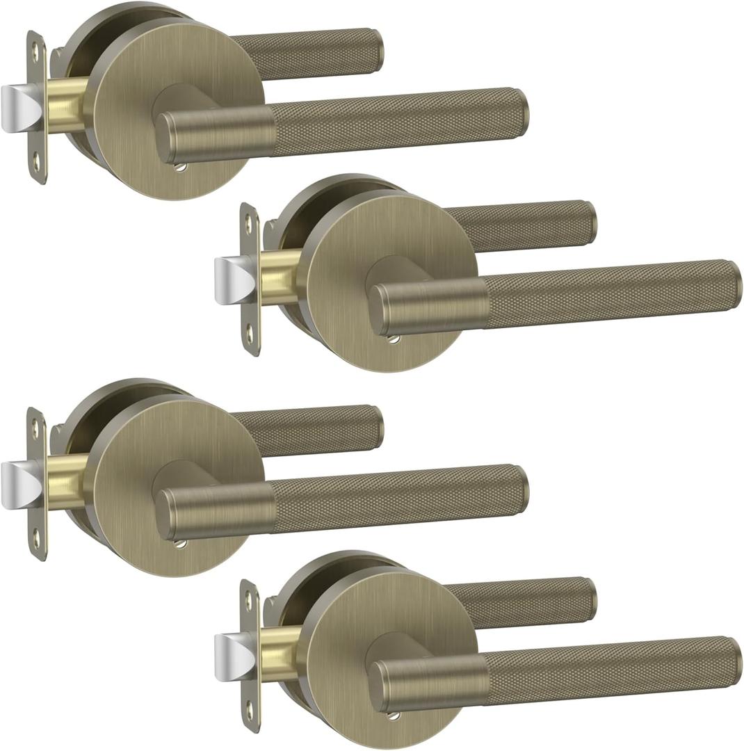 Asidrama 4 Pack Brushed Antique Brass Privacy Door Handles, Door Lever with Door Knobs Indoor for Bedroom or Bathroom, Heavy Duty Door Handles Interior with Locks for Left Right Sided Doors