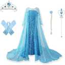 visofayo Girls Sequin Princess Dress Costume with Shiny Cape, Blue, Height 130