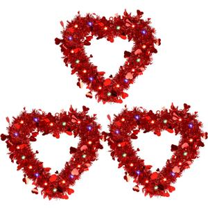 CCINEE 3 Pack Prelit Valentine's Day Heart Shaped Wreath With Lights - Red Tinsel Wreath With Foil Heart - Lighted Hanging Valentines Decoration for Front Door, Wall, Indoor, Outdoor Party Favor