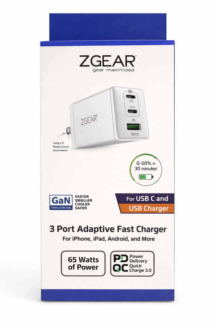 ZGear 3 Port Adaptive Fast Charger 65 Watts Of Power