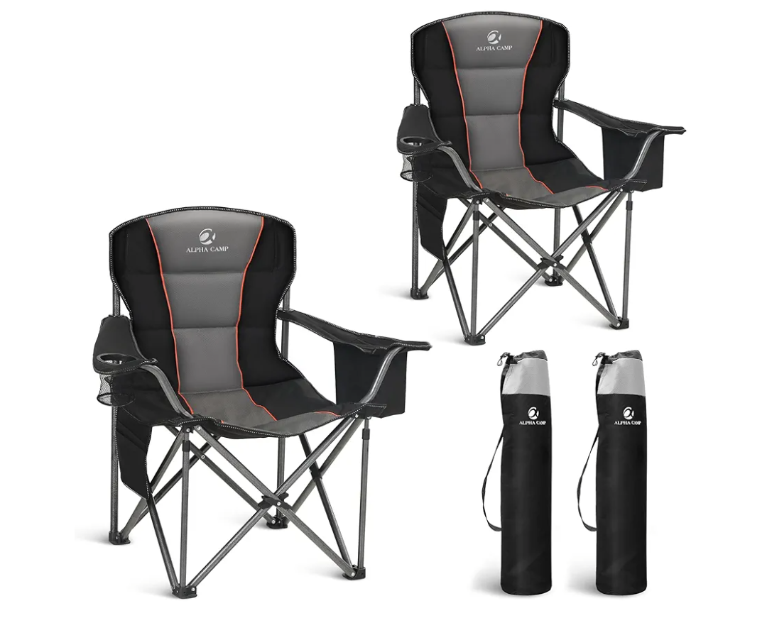 LET'S CAMP Folding Camping Chair Oversized Heavy Duty Padded Outdoor Chair with Cup Holder Storage and Cooler Bag, 450 LBS Weight Capacity, Thicken 600D Oxford,2 Pack