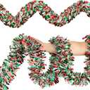 50FT Christmas Tinsel Garland, Red Green&White Metallic Twist Shiny Hanging Garland Ornaments for Christmas Tree, Party Supplies Thick Metallic Xmas Streamers