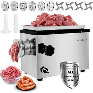 Anatole Commercial Electric Meat Grinder 1.8 HP 1300 W All Stainless Steel Meat Bones Mincer Heavy Duty Sausage Stuffer with 6 Grinding Plates 4 Blades for Restaurant Hotel 110V