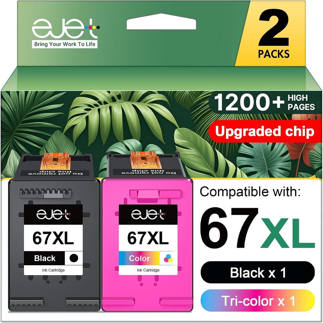 67XL Ink Cartridges Black/Color Combo Pack Compatible for HP Ink 67 67XL Works with HP Deskjet 2855e 2800e 2852e 2827e 4227e 4255e 1255 Envy 6055e 6075 6432e 6455e 6458e 6475e Pro 6455 Series (2-Pack)
