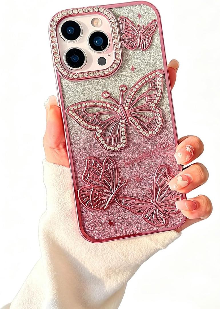 for iPhone 13 Pro, Cute 3D Butterfly Glitter Case 6.1"  Plated Slim Protective Cover with Camera Protection, Drop-Resistant Bumper for Women and Girls (Pink)