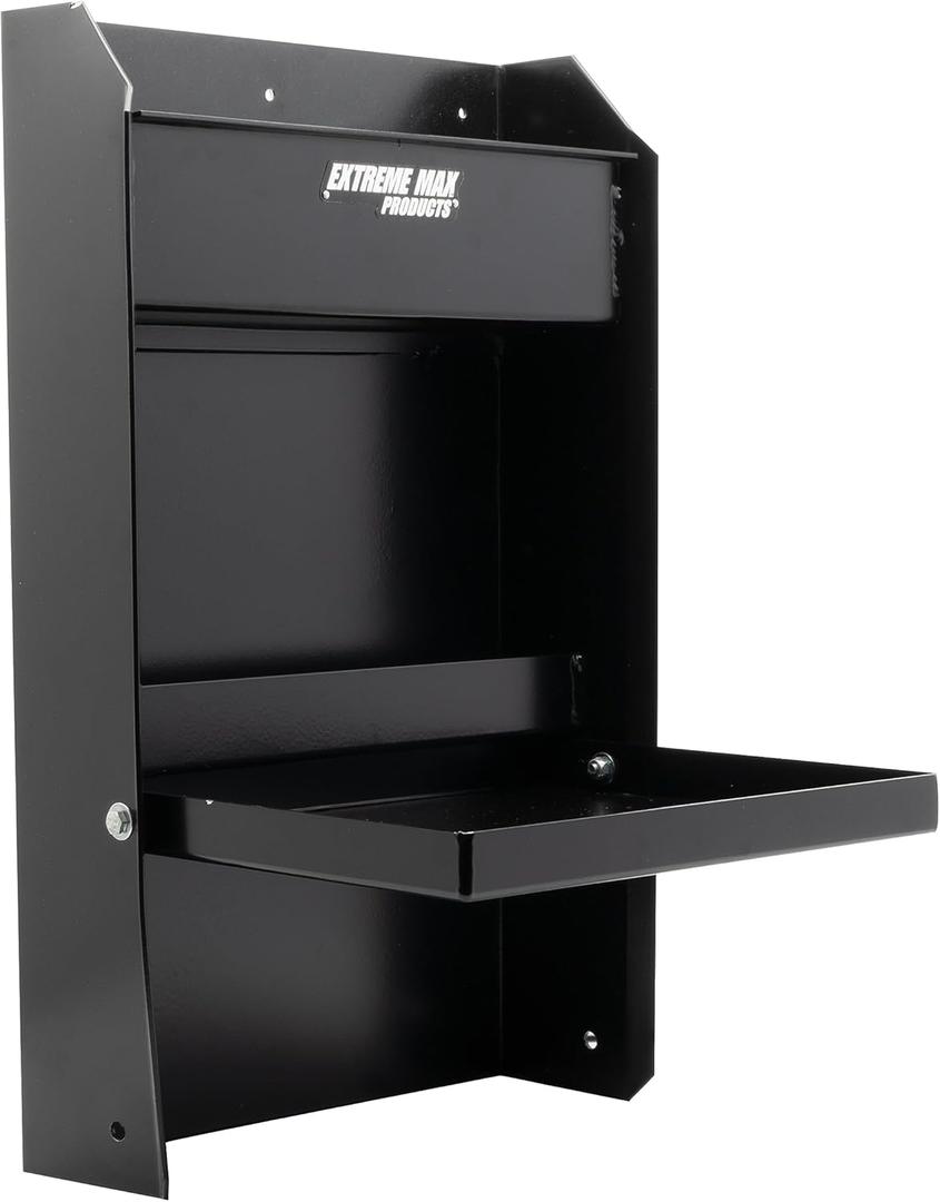 Extreme Max 5001.6119 Junior Wall-Mount Aluminum Work Station Storage Cabinet Flip-Out Work Tray with Paper Towel Rack Organizer for Enclosed Race Trailer Shop Garage Storage - Black