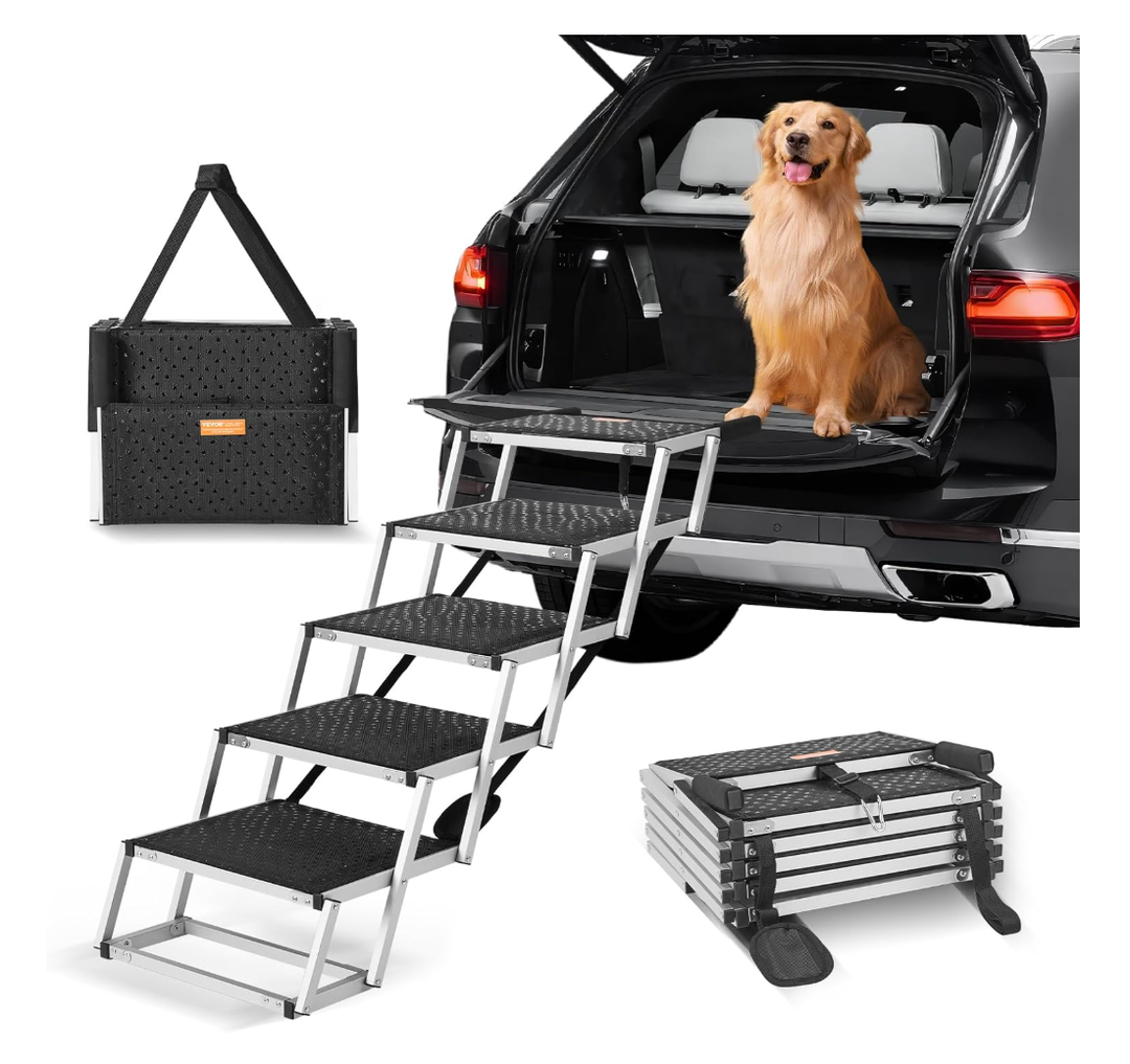 Foldable Dog Stairs for Car, SUV & Truck, 5-Step Pet Ramp with Non-Slip Surface, Portable and Lightweight Dog Steps for High Bed, Supports Up to 150 Lbs