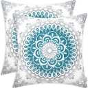 CaliTime Throw Pillow Covers Pack of 2 Cozy Fleece Mandala Dahlia Floral Medallion Compass Style Cushion Cases for Couch Bed Sofa Farmhouse Decoration 22 X 22 Inches Teal Grey