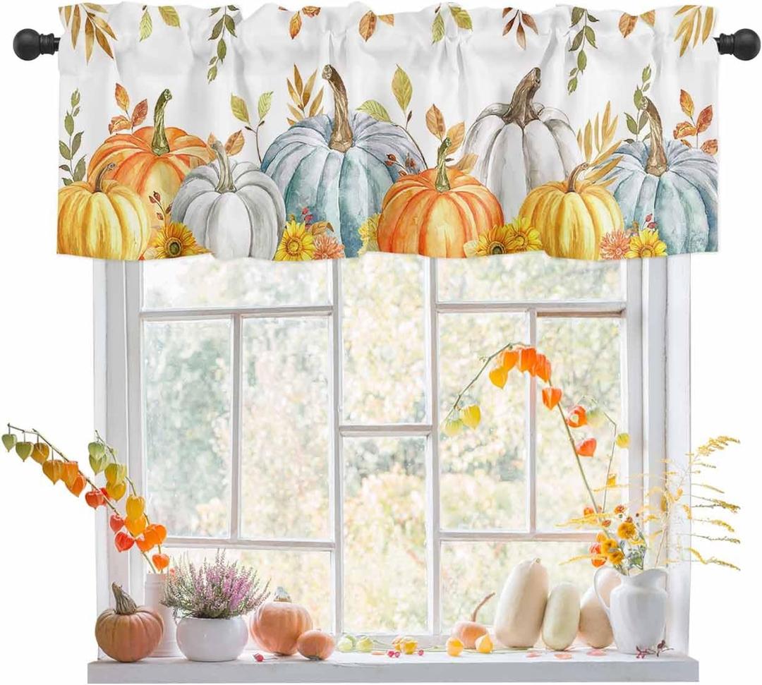 JasmineM Thanksgiving Valances Curtains for Living Room Fall Harvest Maple Leaves Rod Pocket Curtains for Bedroom Pumpkin Farm 54x18in