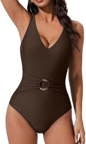 SUUKSESS Women Retro One Piece Swimsuit Metal Tummy Control V Neck Bathing Suit M