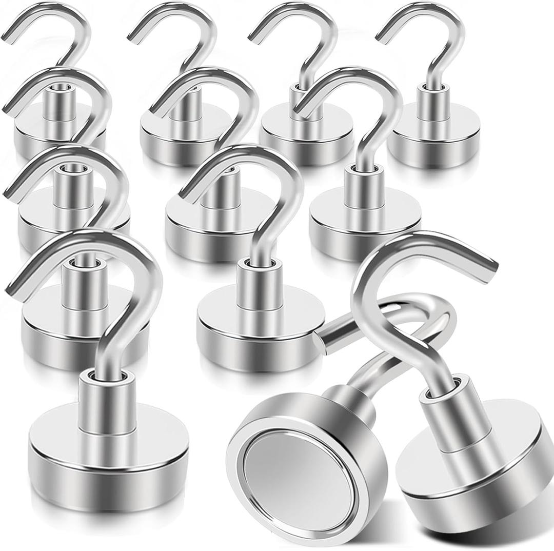 MIN CI Magnetic Hooks Heavy Duty, 35lb+ Strong Magnetic Wall Hooks for Hanging, Neodymium Metal Magnets with Hooks Large Magnetic Hooks, for Classroom Cruise Fridge Kitchen, Pack of 12