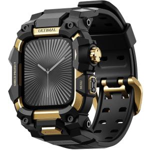 ULTIMAL Rugged Case with Band for Apple Watch 46mm,Compatible with Apple Watch Series 11/10, Military Grade Shockproof Bumper Cover for iWatch Tactical Band Men (46mm,Gold)