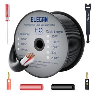 Elecan Pro Series 14/2 Outdoor Speaker Wire Cable 50 Ft 14 Gauge AWG with Tool Kits-Direct Burial in Wall CL3 CL2 Rated-PVC Jacket&Film&Cotton for Home Theater,Car Audio Speaker,Stereos-Black
