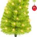 NEWISH Small Mini Christmas Tree, 2ft/24 inch Bendable Lime Green Artificial Mini Table Top Christmas Tree Decorations with Red Ball, Tree Skirt, 25 Pcs Tiny Kids DIY Xmas Tree Decor for Holiday Home