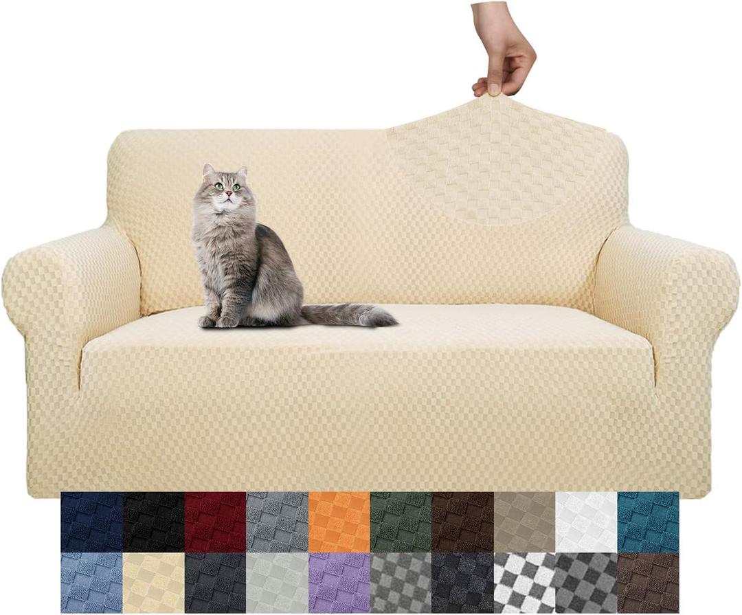 YEMYHOM Couch Cover Latest Jacquard Design High Stretch Sofa Covers for 2 Cushion Couch, Pet Dog Cat Proof Loveseat Slipcover Non Slip Magic Elastic Furniture Protector (Medium, Beige, 55"-69")