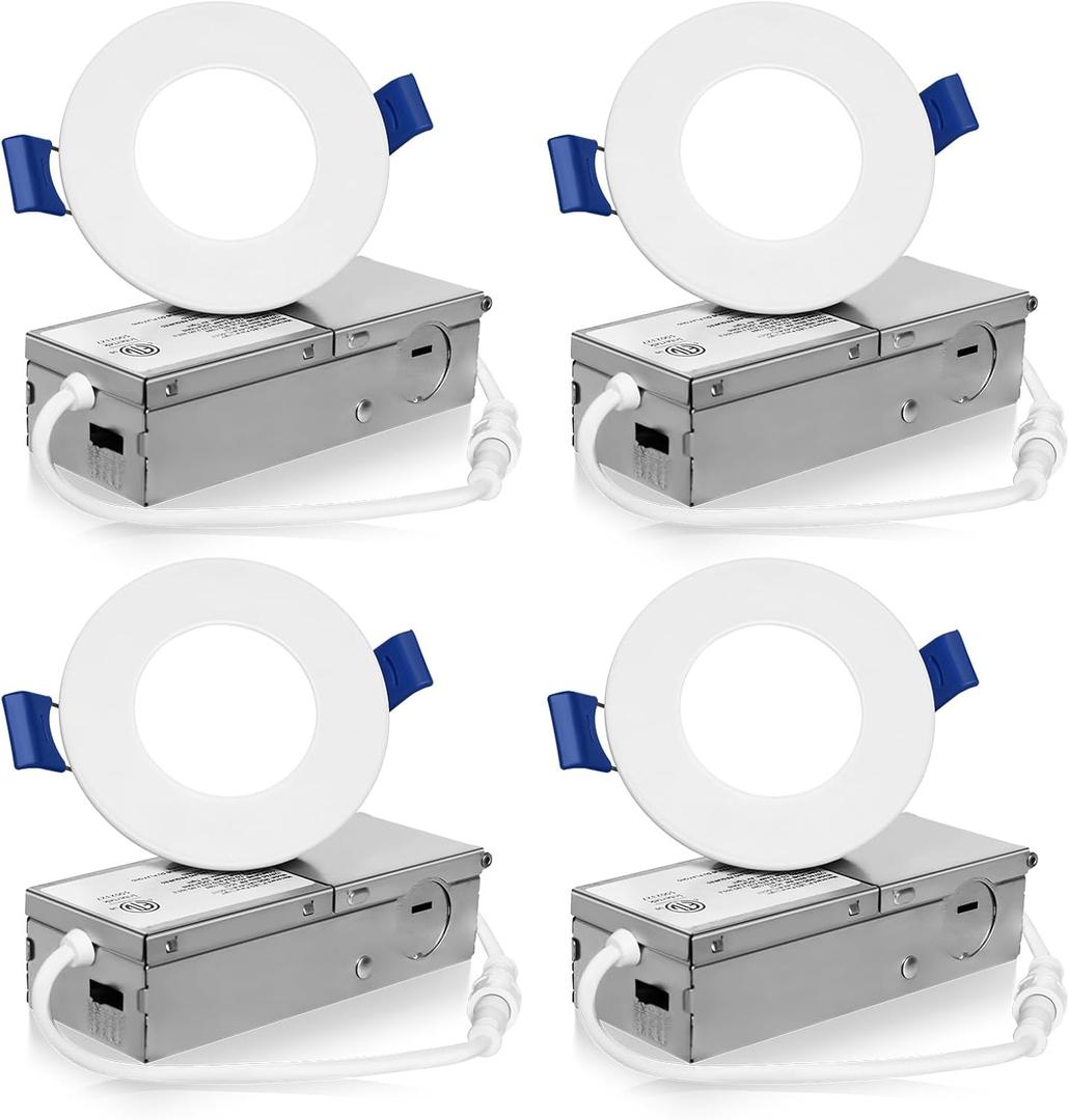 Meconard 4 Pack 3 Inch 5CCT LED Recessed Ceiling Light with Junction Box, 2700K/3000K/3500K/4000K/5000K Selectable Ultra-Thin Lighting, Dimmable 6W=60W, 600LM, IC Rated Can-Killer Downlights, ETL