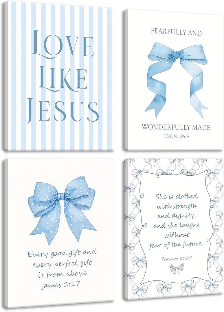 Light Blue Bow Christian Wall Art for Girls Dorm Coquette Aesthetic Scripture Canvas Prints, Christian Wall Decor for Teen Room, or Bathroom Framed Cute Spiritual Decor 16x24 inch