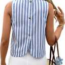 Women's Striped Sleeveless Blouses Button Down Crew Neck Split Summer Vacation Tank Tops (Blue, S)