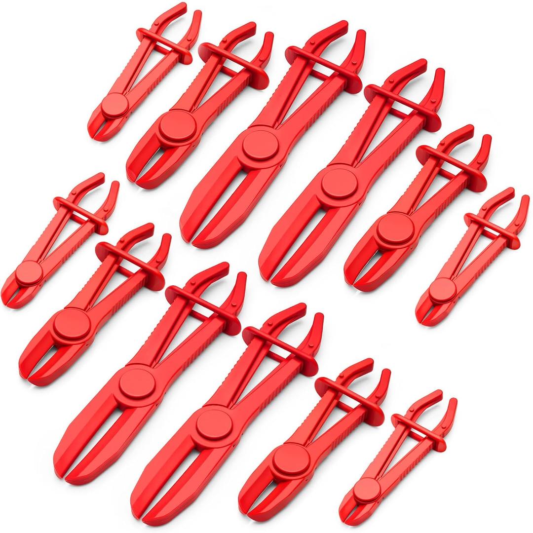 12 Pcs Hose Pinch-off Pliers, Red Nylon, Fuel Line Clamp Tool for Automotive Brake, Radiator and Coolant Hoses, Heat-resistant & Nonconductive, 3 Sizes