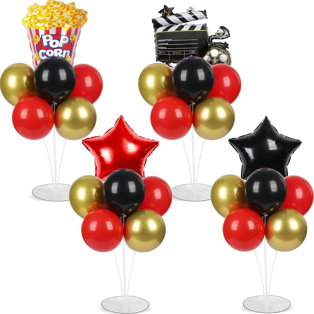 4 Sets Movie Night Party Balloons Stand Kit with Popcorn Clapboard Star Foil Balloons Red Black Gold Themed Party Balloon Centerpiece for Tables for Birthday Camera Film Party Movie Themed Decorations