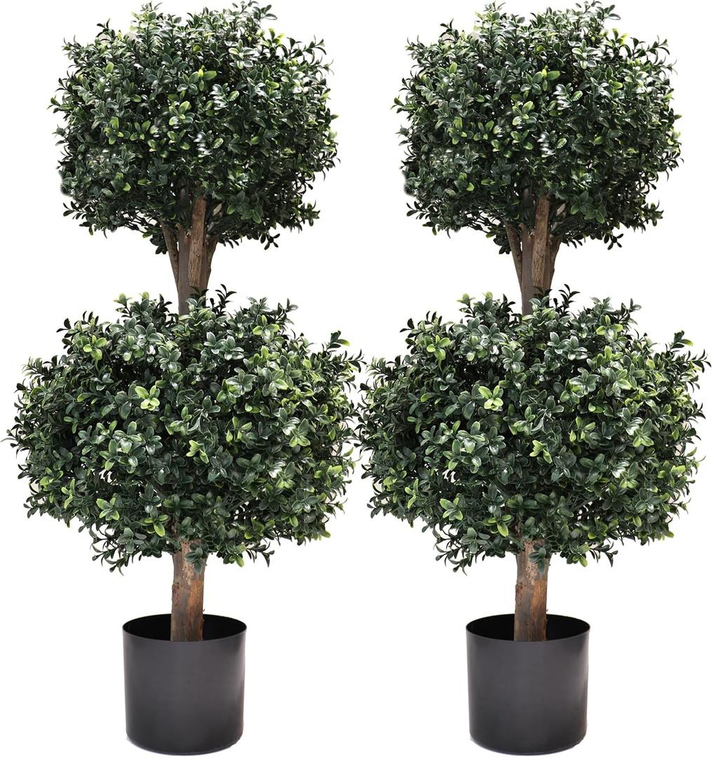 3Ft-35'' Artificial Boxwood Double Ball Topiary Trees,2PACK Faux Topiaries Tree Store Garden Indoor&Outdoor for Porch Home Decor