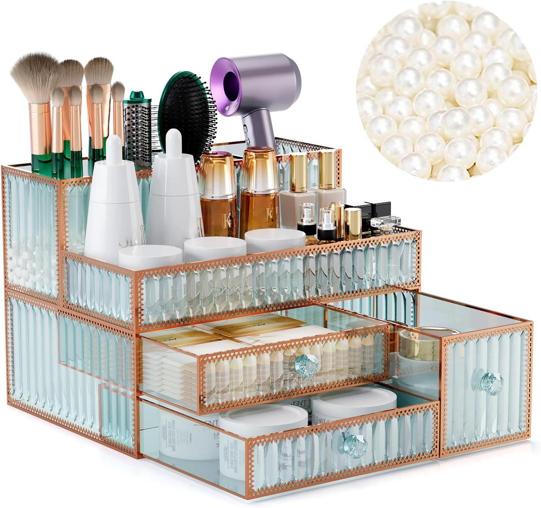 Makeup Organizer Countertop - Tempered Glass Vanity Organizer for Cosmetics, Skincare, Hair Tools, Brushes, Perfume - Multipurpose Bathroom Counter Skincare Organizer (green)