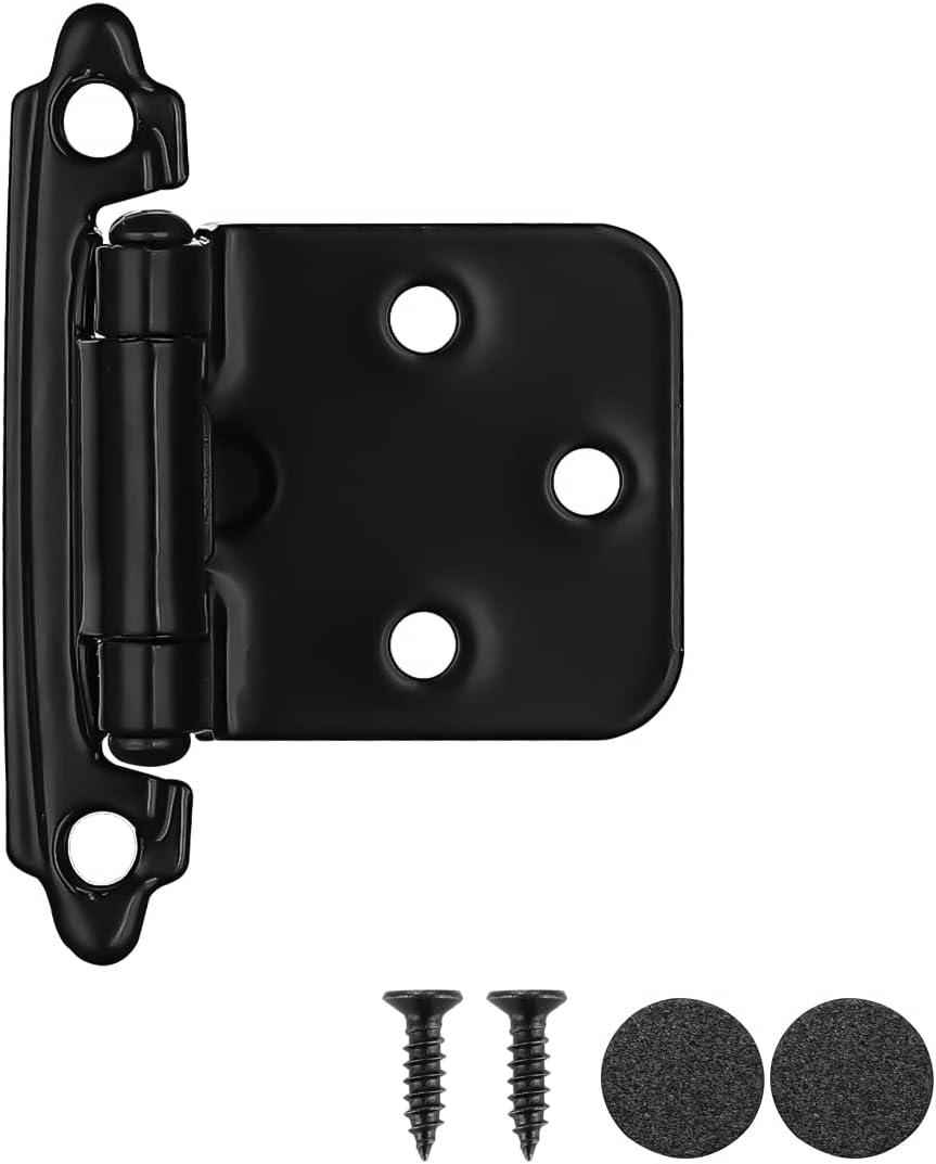 JQK 1/2 Inch Overlay Cabinet Door Hinges Black, 10 Pack 5 Pairs Flush Face Mount Cupboard Self-Closing Kitchen Cabinet Hinges with Door Bumper, CH200-BK-P10