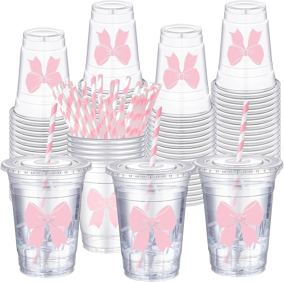 Sliner 25 Pcs 16 oz Coquette Disposable Plastic Cups with Straw for Party Supplies Bow Cups Birthday Wedding Bridal Engagement Party Drinkware Baby Shower Decoration (Pink Bow)