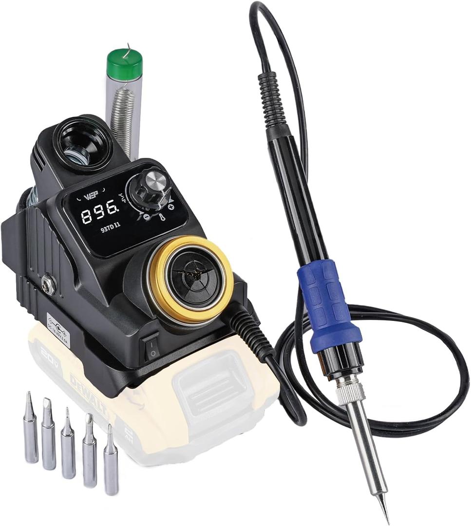 WEP 937D-I 1 Cordless Soldering Iron Kit Compatible with Dewalt 20V/18V Battery, with Integrated Iron Holder, Digital Display, Adjustable Temperature, Auto Sleep & Shutdown