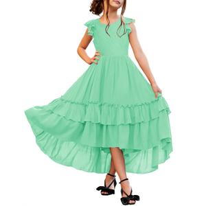 HOSIKA Girl School Party Dress Flower Lace High Low Ruffle Flowy Maxi Dress (M)