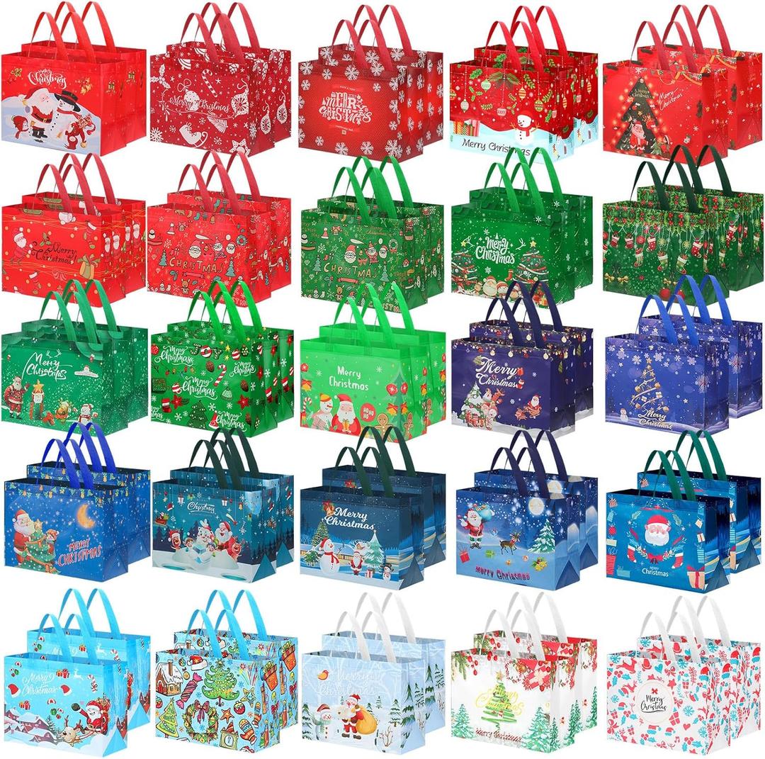 Paterr 50 Pcs Christmas large Gift Bags Bulk with Handle Reusable Totes Bulk for Gifts 12.6'' x 10'' Non Woven Gift Bags Holiday Treat Wraps Xmas Party Supplies Wrapping Favors Decoration