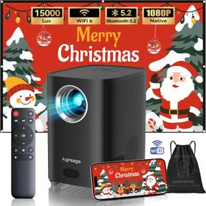 Projector, [Electric Focus] Projector with WiFi and Bluetooth, 15000Lumens 1080P Native Portable Black Projector, Outdoor Movie Projector