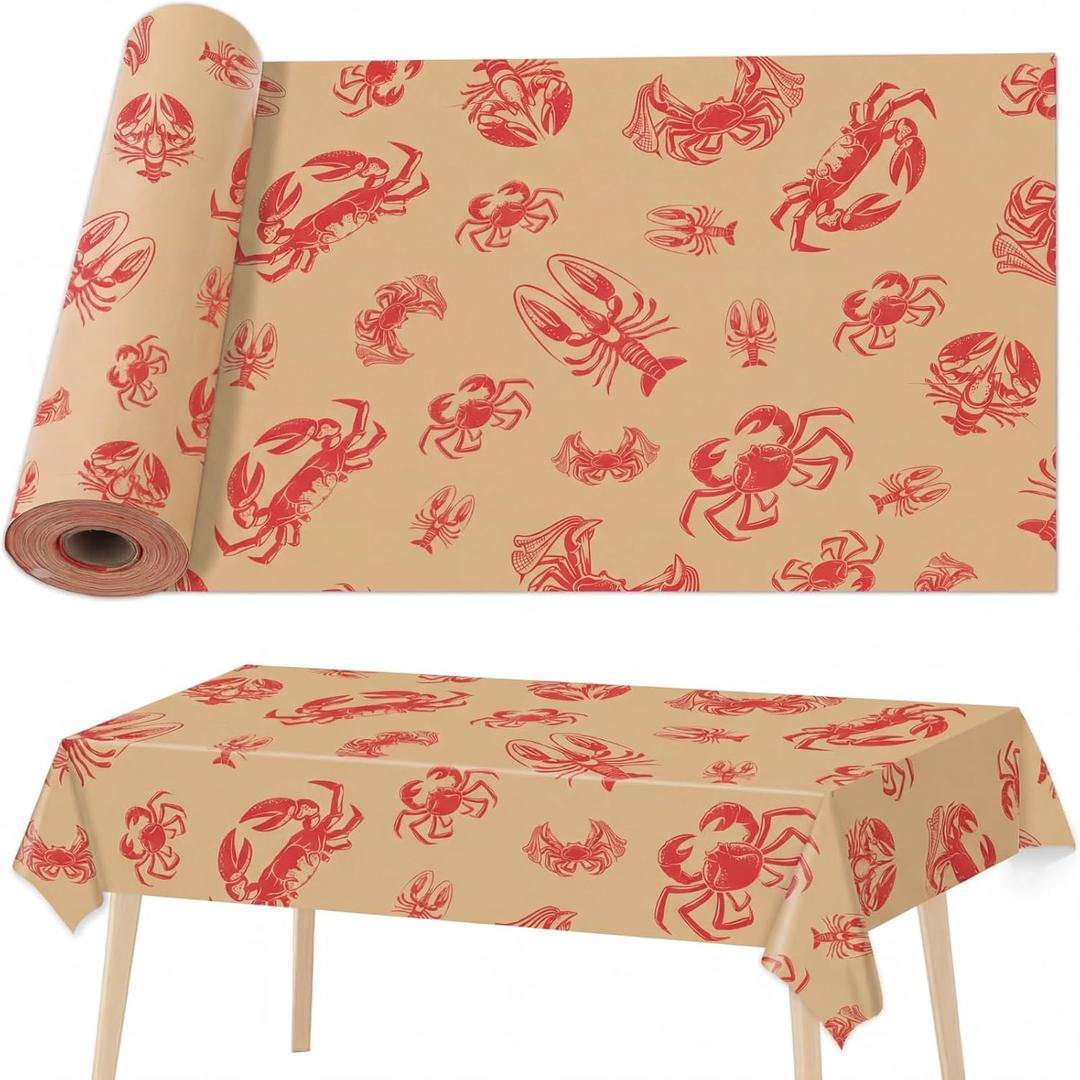 Crawfish Kraft Paper Table Cloth 34.65'' x 98.43' Brown and Red Crawfish Print Kraft Paper Roll Table Cover for Crab Boil Party Supplies, Rustic Low Country Seafood Boils and Cajun Celebrations, 11" x 8.7"
