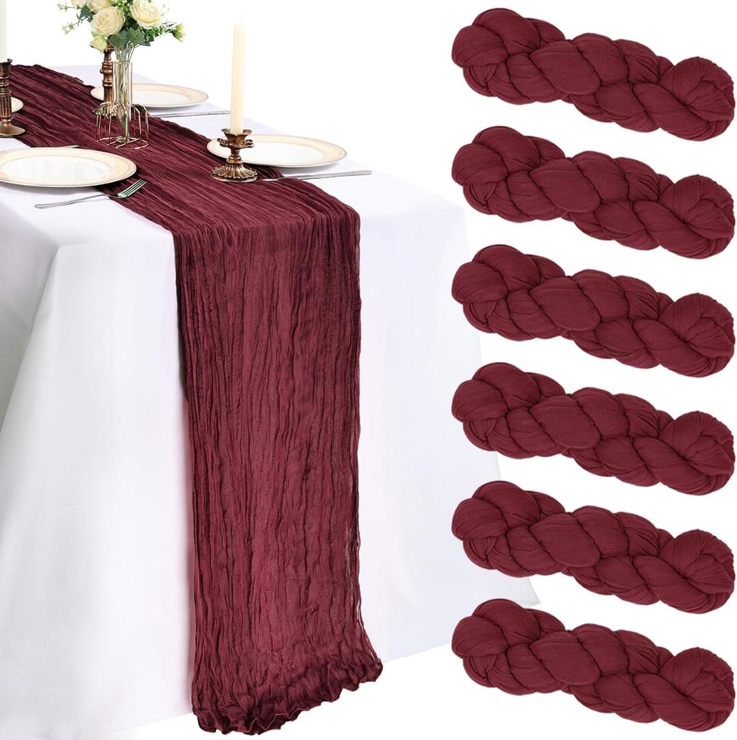 6 Pack 10FT Burgundy Cheesecloth Table Runner Table Runner 120 Inch Gauze Rustic Boho Cheese Cloth Decorations for Wedding Party Birthday Baby Shower Centerpiece Home Dcor