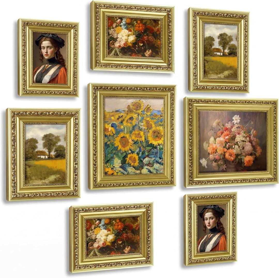 Novabright 8 Pcs Gold Vintage Picture Frames Gallery Wall Frame Set Antique Collage Photo Decor for Wall Mounting or Tabletop Display Multi Sizes 8x10, 5x7, 4x6 for Gallery Living Room