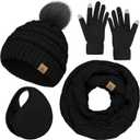 Winter Hat Scarf Gloves and Ear Warmer, Warm Knit Beanie Hat Touch Screen Gloves Set Winter Gifts Neck Scarves for Women (Black)