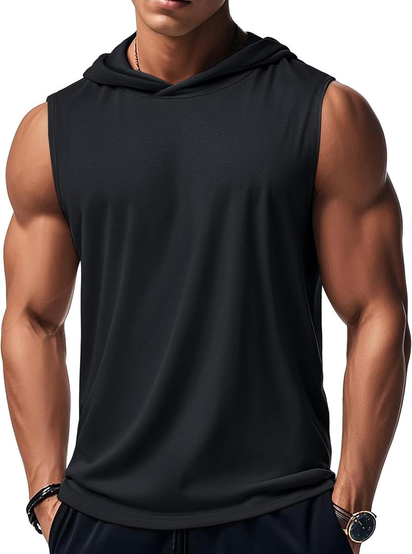 MAGCOMSEN Mens Tank Top Sleeveless Hoodie Cotton T-Shirt Summer Casual Shirt Muscle Tee (Black, L)