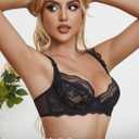 Lace Bra Bralette Push Up Unlined Demi Bras Sheer Mesh Balconette with Underwire (Black, S)
