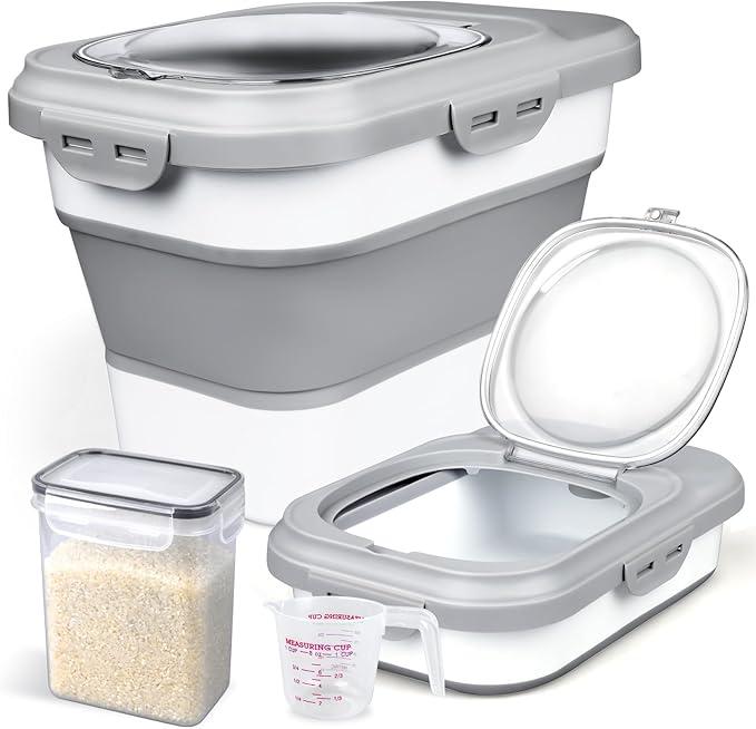 Rice Storage Container, Collapsible Airtight Food Storage Containers with Clear Lid and Wheels, Rice Dispenser with Scoop for Flour Cereal Pasta Grain, Cat Pet Bird Dog Food Storage Container