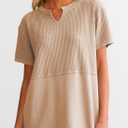 SHEWIN Womens Casual V Neck Waffle Knit Tops Short Sleeve T Shirts Loose Blouses (Beige, XXL)