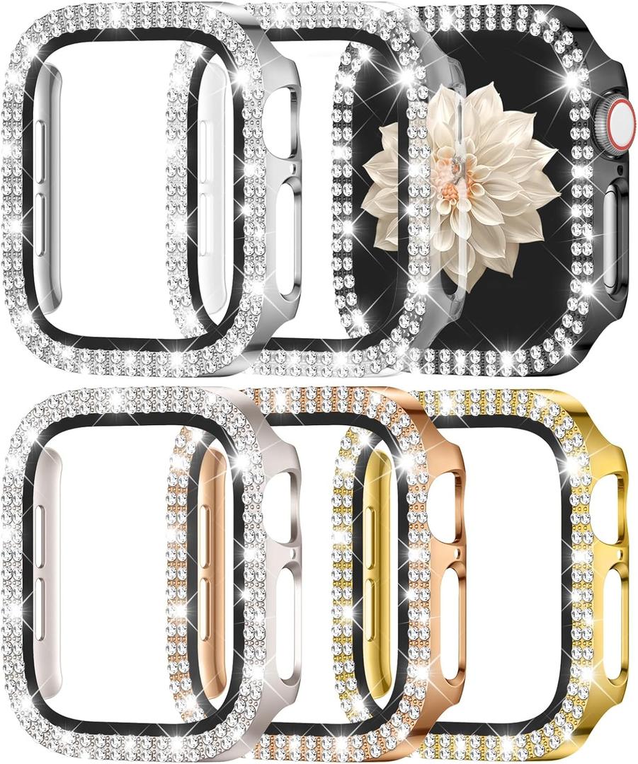Adorve 6 Pack Bling Covers for Apple Watch Screen Protector 40mm Series 6/5/4/SE3/SE2 Women, Glitter Diamond Bumper Case with Tempered Glass Overall Protection Anti-Scratch Face Cover for iWatch 40mm (Black/Clear/Starlight/Silver/Gold/Rose Gold)