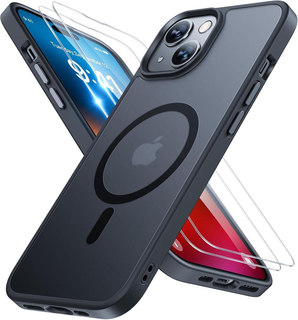 Miracase Magnetic for iPhone 15 Case (Compatible with MagSafe)with 2X Screen Protectors Military-Grade Protection, Anti-Fingerprint Translucent Matte Phone Cover for iPhone 15 6.1 inch, Black